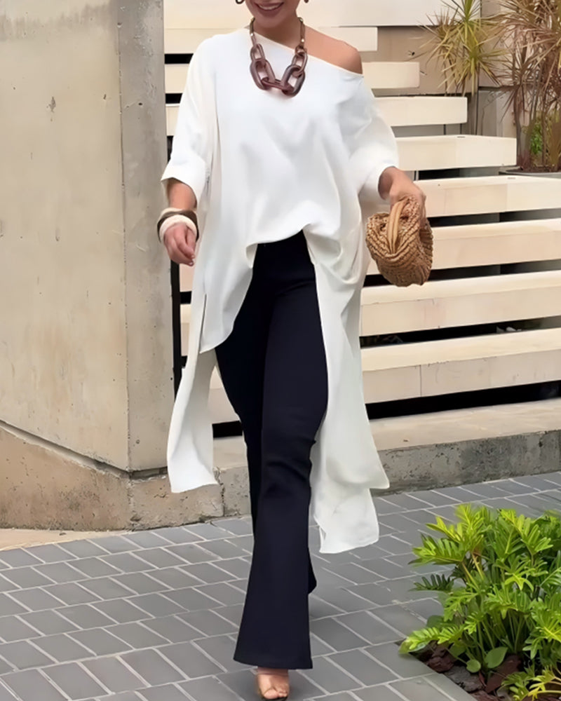 Asymmetric Neck Irregular Slit Elbow-Length Sleeve Blouse