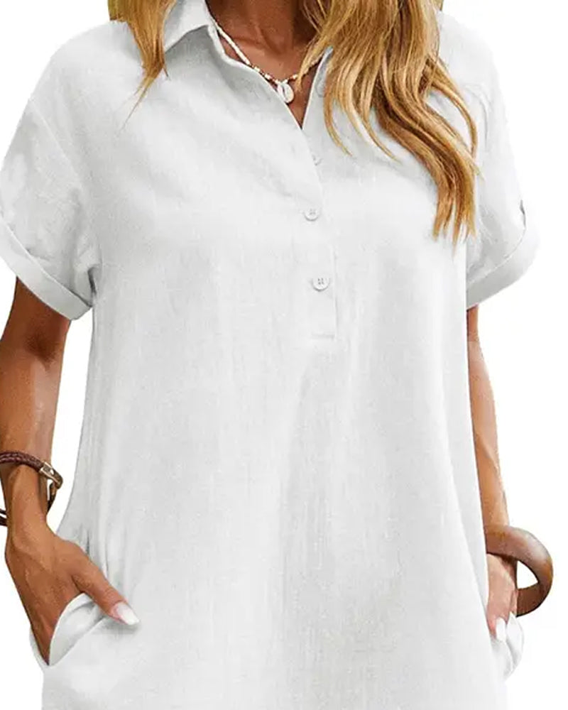 Lapel Button Split Short Sleeve Casual Dress