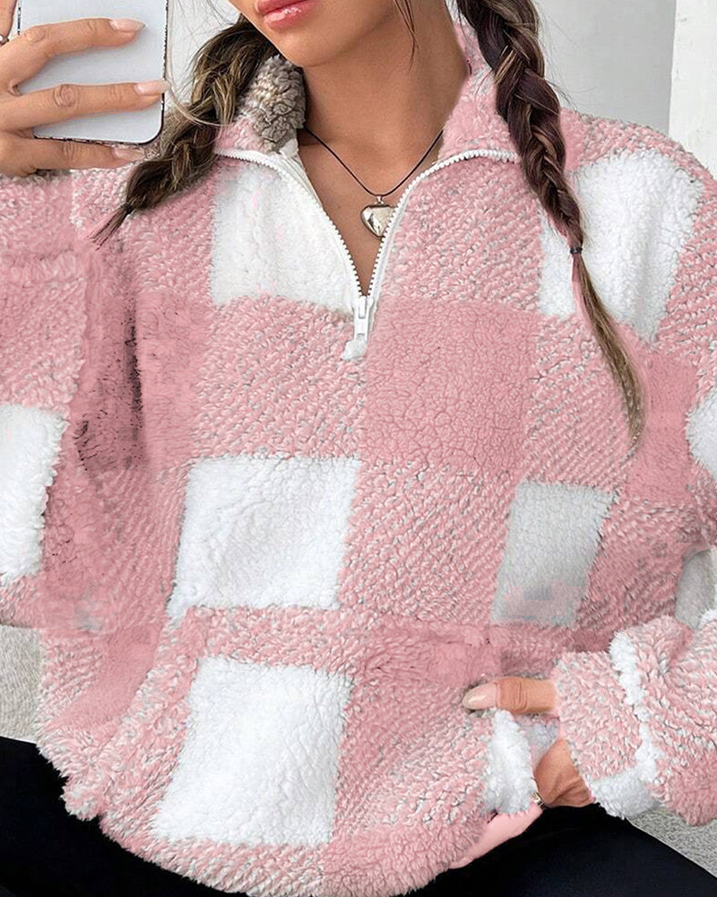 Half-Zip Stand Collar Plaid Sweatshirt
