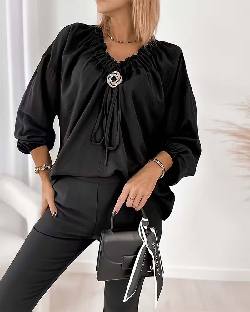 V-Neck Solid Color Blouse