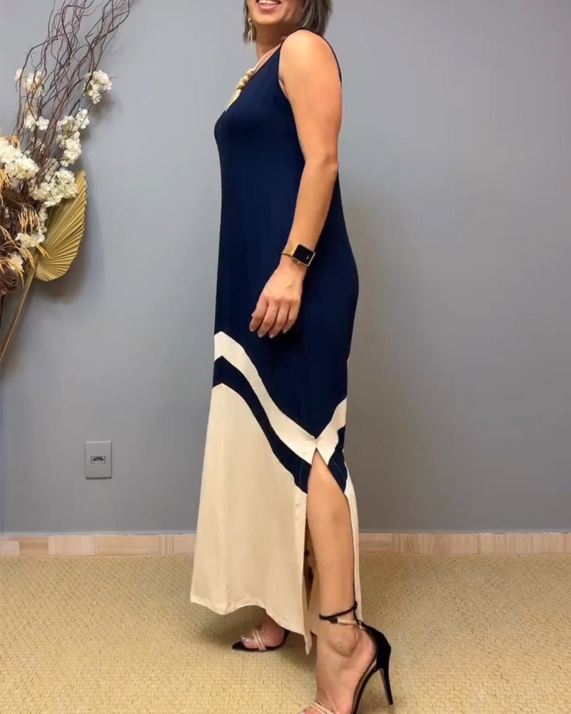 Sleeveless Contrast Color Slit Long Dress