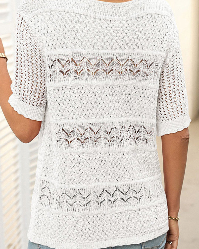 Women's Round Neck Hollow Knit Crochet Short Sleeve Sweater