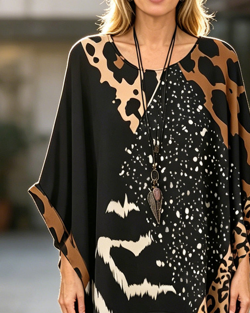 Round Neck Leopard Print Sequin Patchwork Blouse