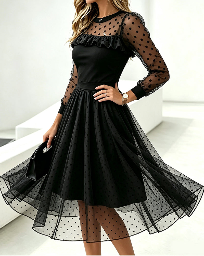 Round Neck Polka Dot Lace Paneled Dress