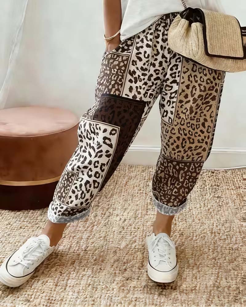 Leopard Print Plaid Contrast Patchwork Casual Pants