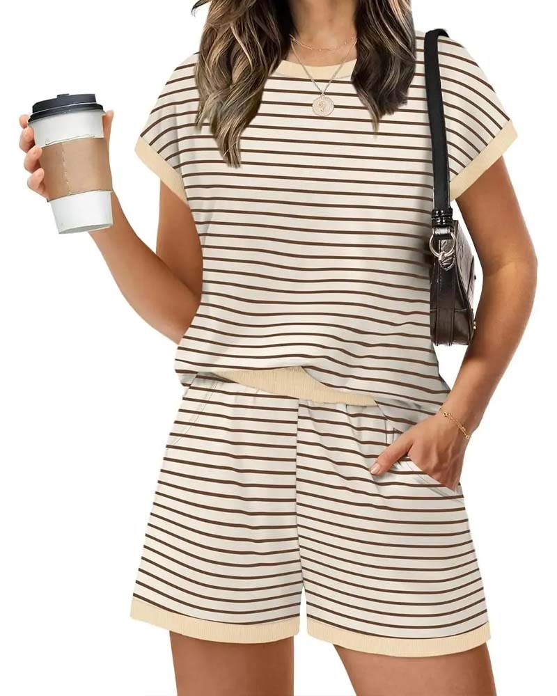 Crew Neck Striped Elastic Waist Tie Set