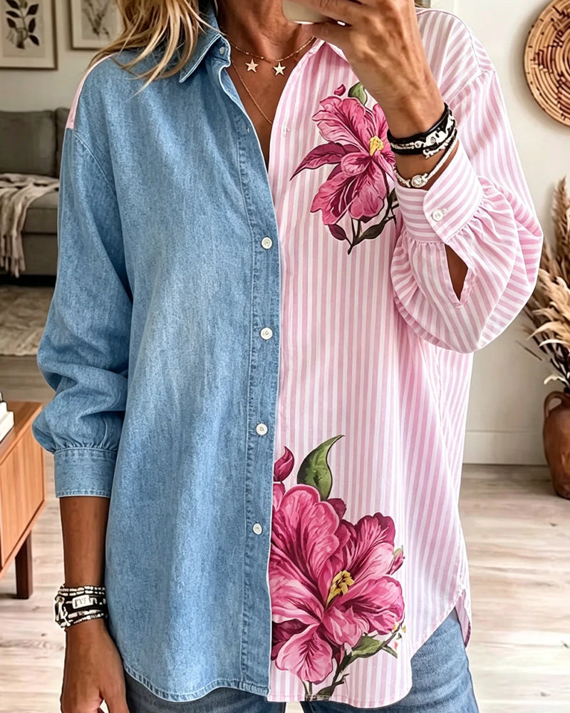 Floral Stripe Denim Patchwork Shirt