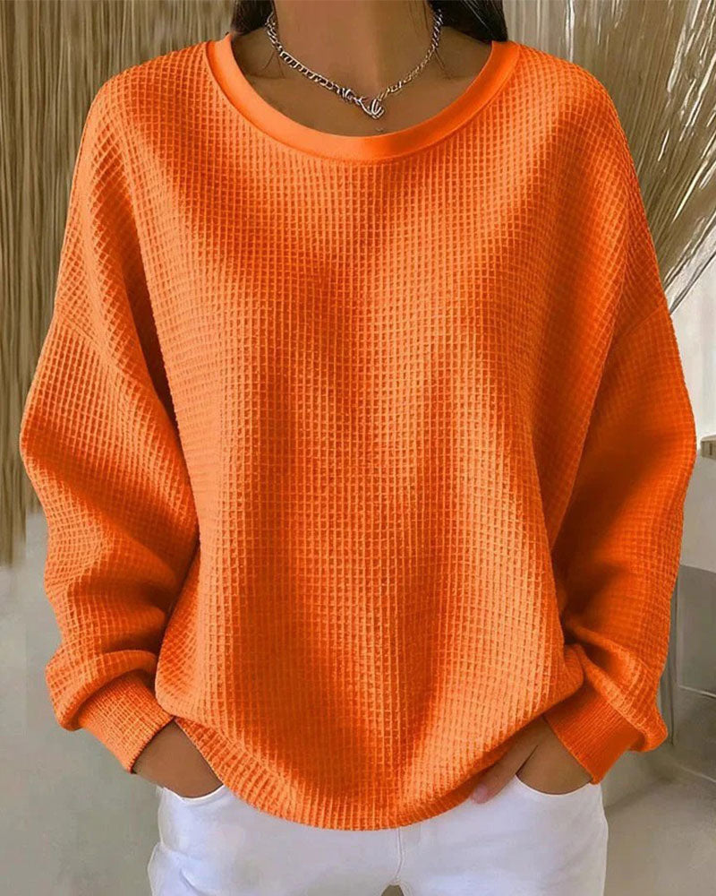 Solid Color Waffle Texture Pullover Sweatshirt