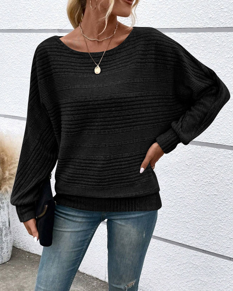 Solid Color Round Neck Long Sleeve Striped Top