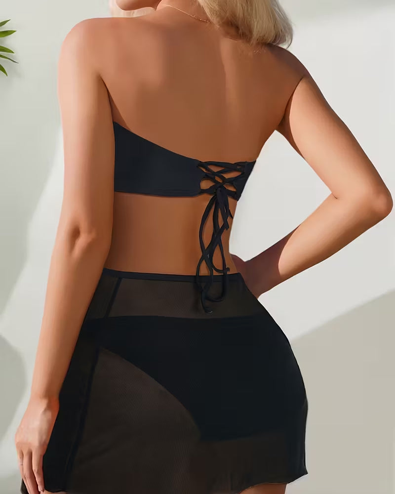 Solid Color Strapless Bikini Three-Piece Set