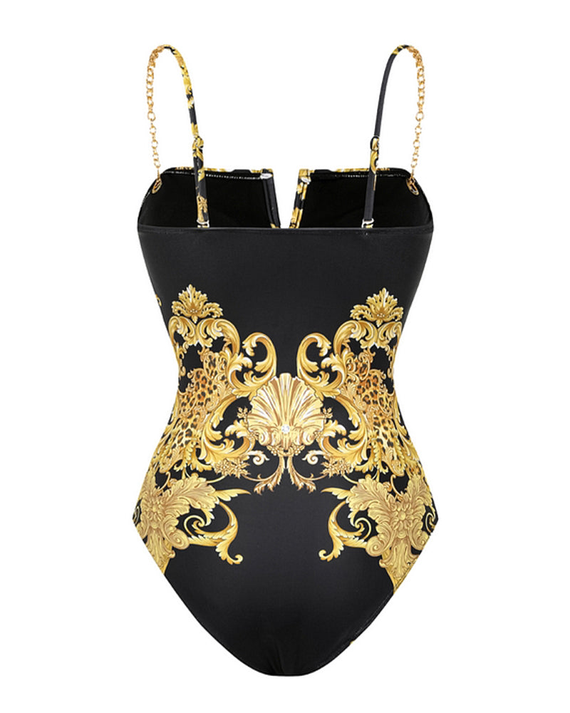 Vintage Printed Mesh Sun Protection Swimsuit