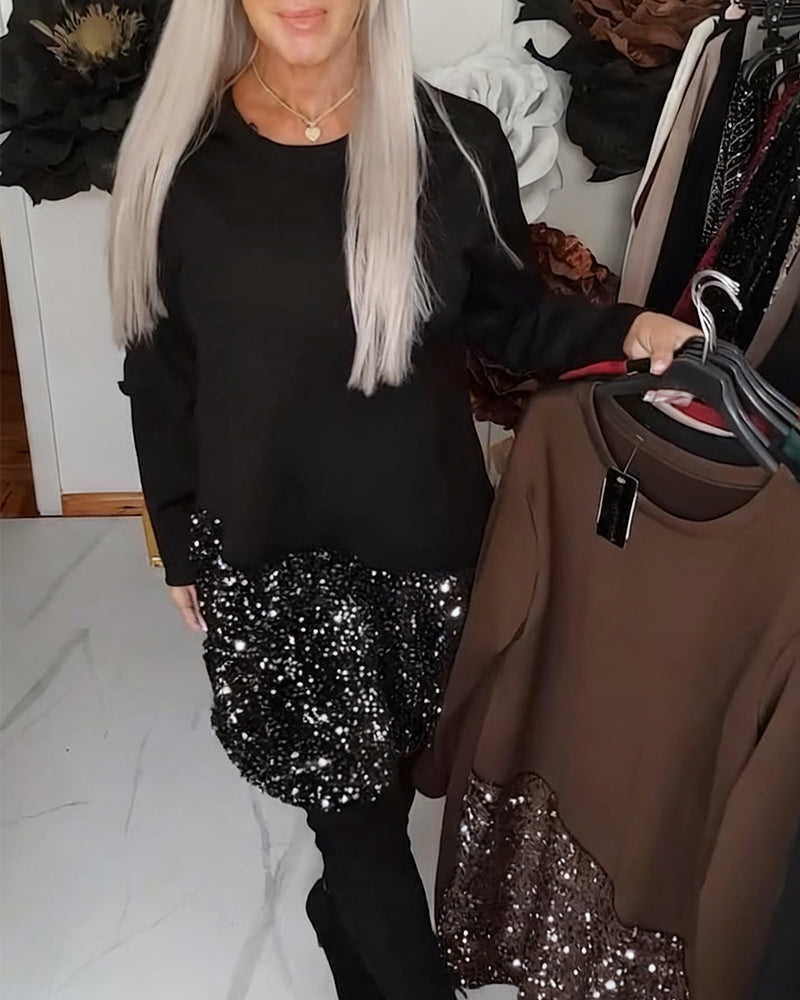 Round Neck Long-Sleeved Sequined Patchwork Dress