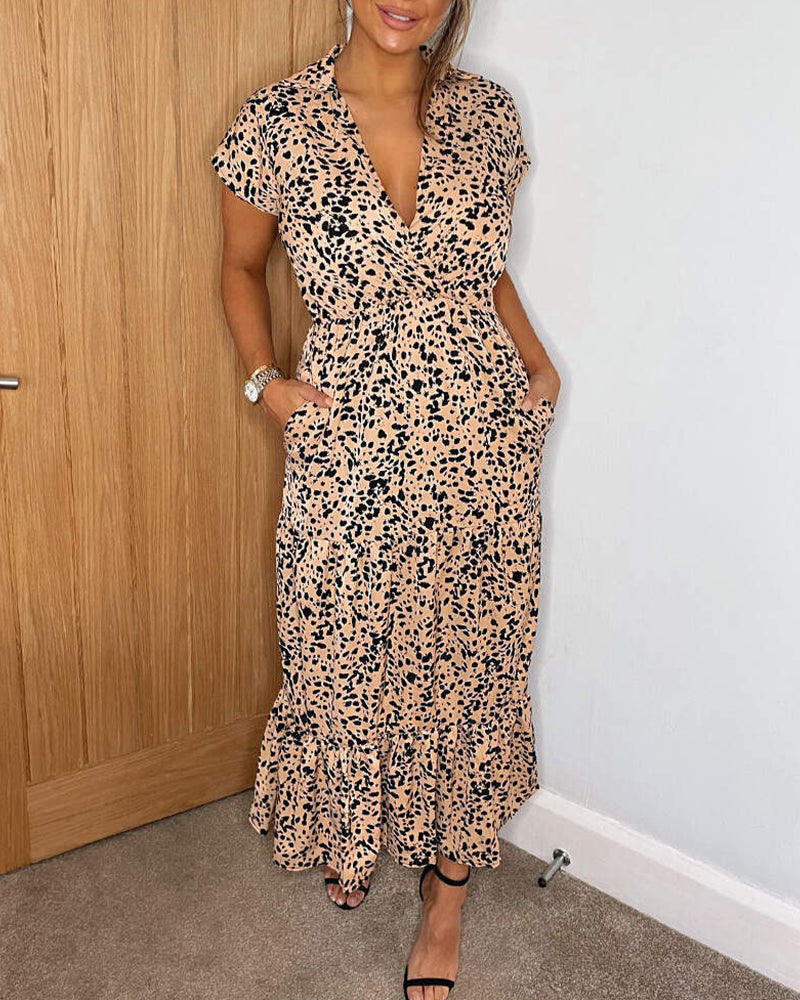 V-Neck Leopard Print Ruffle Pocket Waist Dress