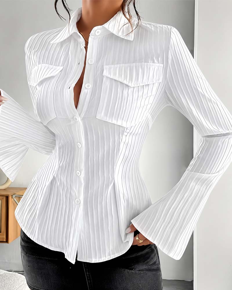 Pocket Striped Flare Sleeve Shirt