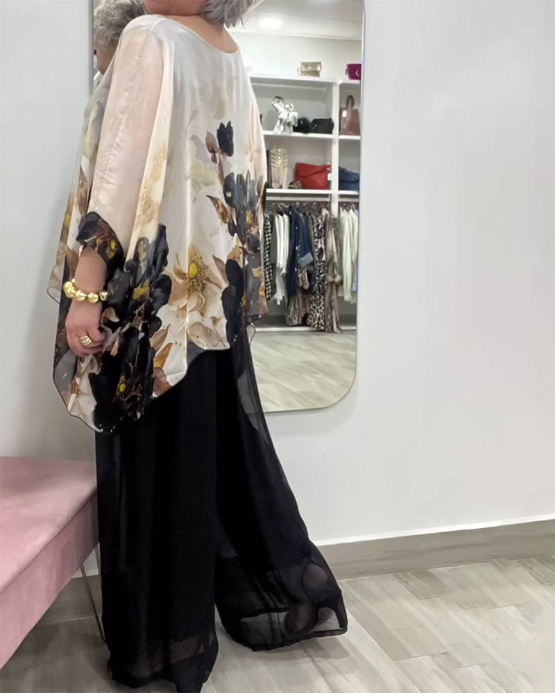 Long-Sleeved Irregular Large Flower Print Blouse