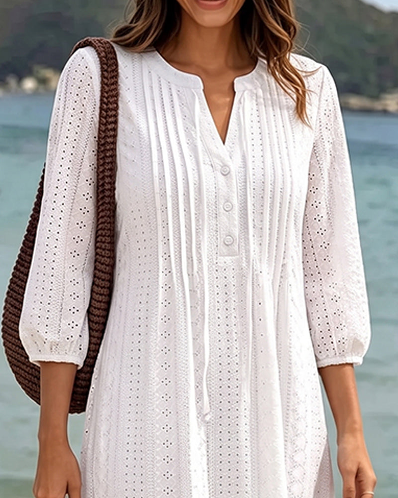 Solid V‑Neck Shirred Cutout Dress