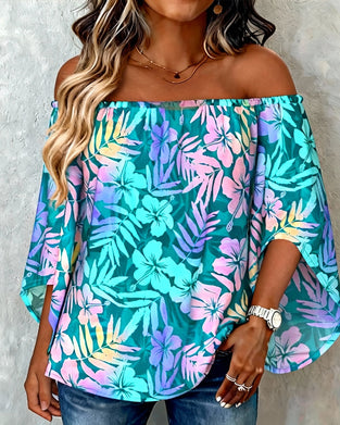 Off-The-Shoulder Batwing Sleeve Printed Blouse
