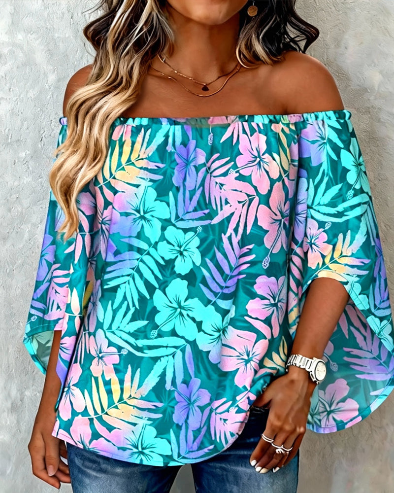 Off-The-Shoulder Batwing Sleeve Printed Blouse