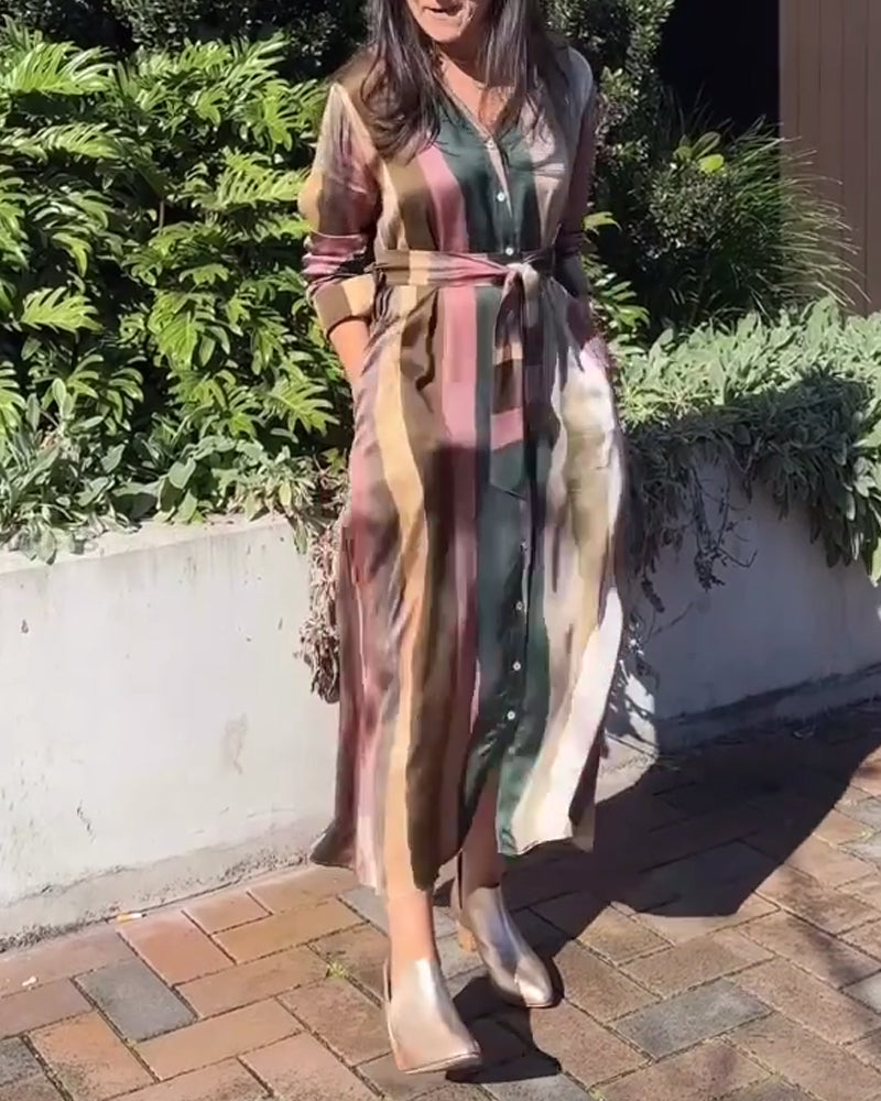 Lapel striped button casual dress