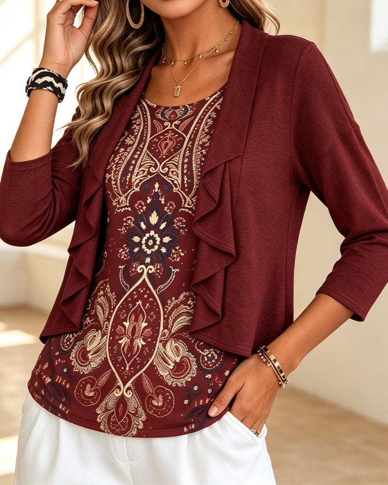Mock Two-Piece Ruffle Print Blouse