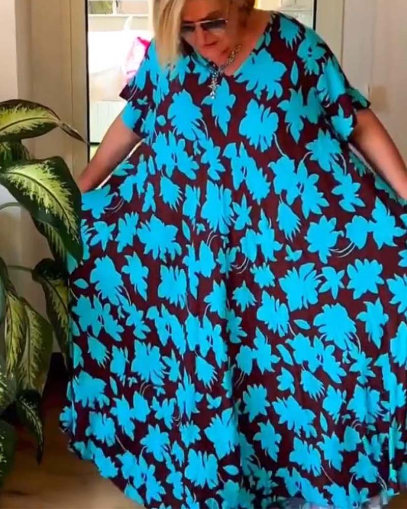 Floral print V-neck pocket loose dress