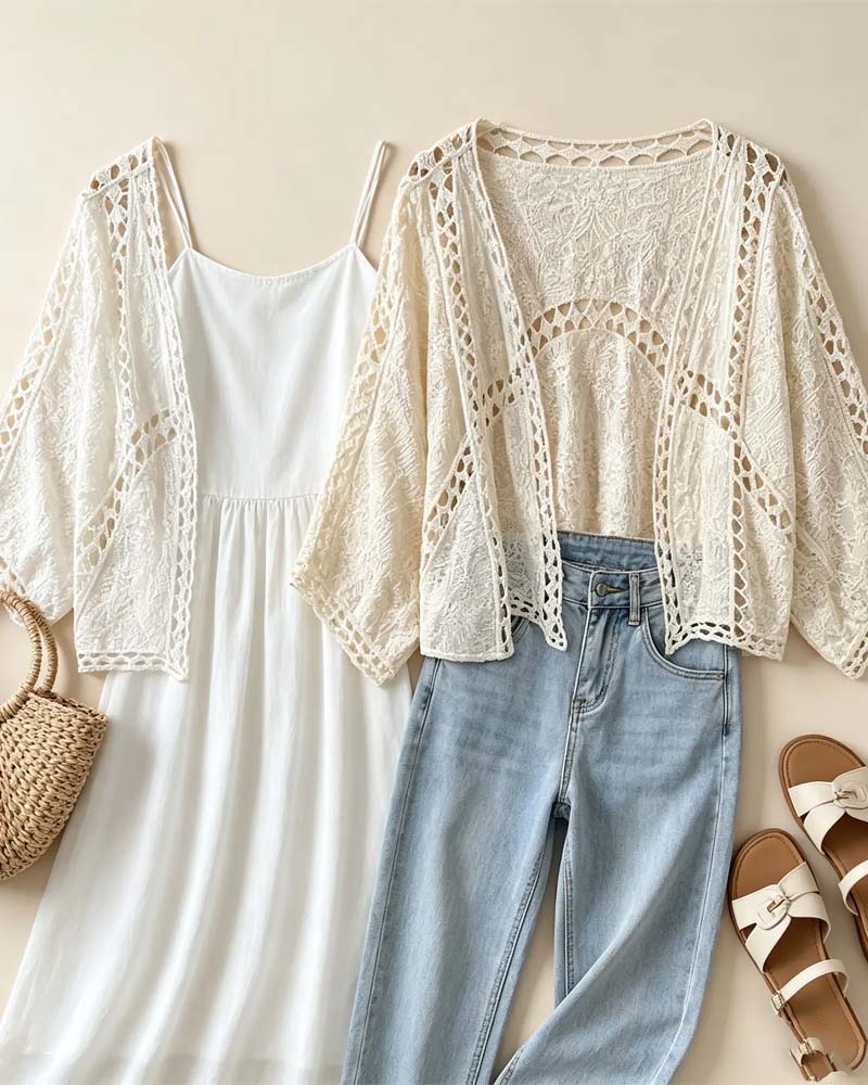 Solid Color Long Sleeve Hollow Out Cover Up