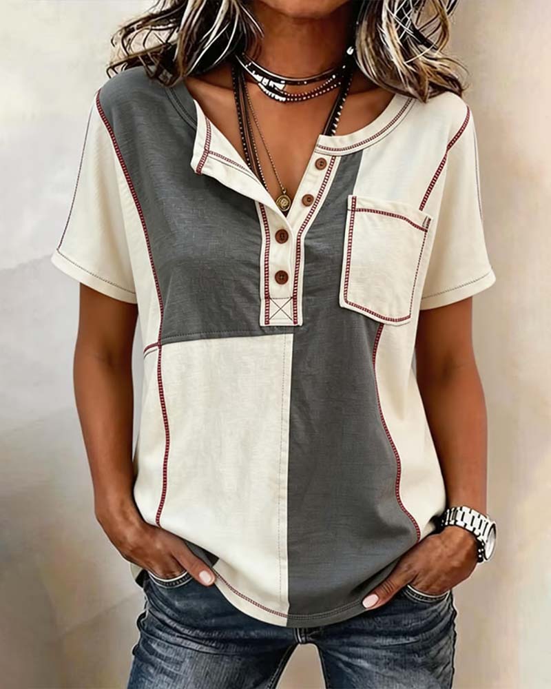 Contrast Color Crew Neck Button Patchwork T-Shirt