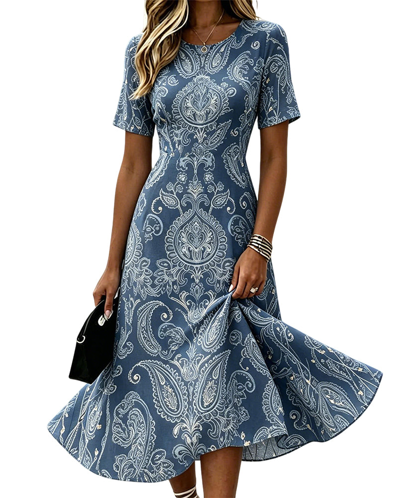 Round Neck Waist Printed A-Line Dress