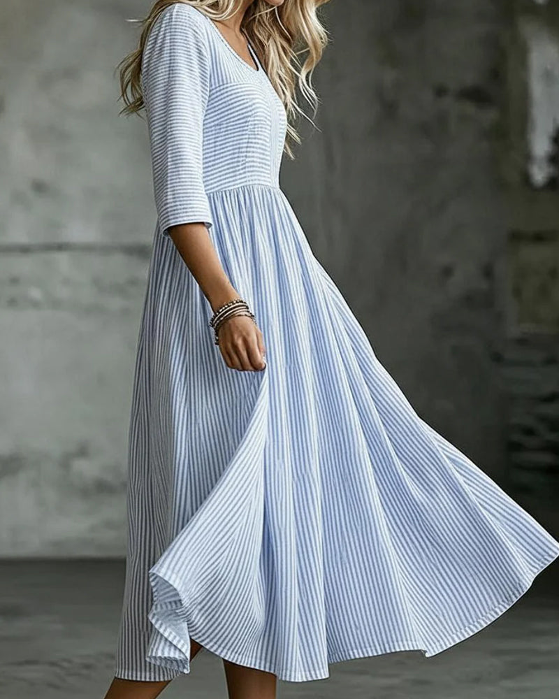 Striped Crew Neck High Waist Three-Quarter Sleeve Dress