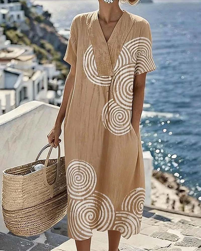 V-Neck Patchwater Ripple Loose Dresses