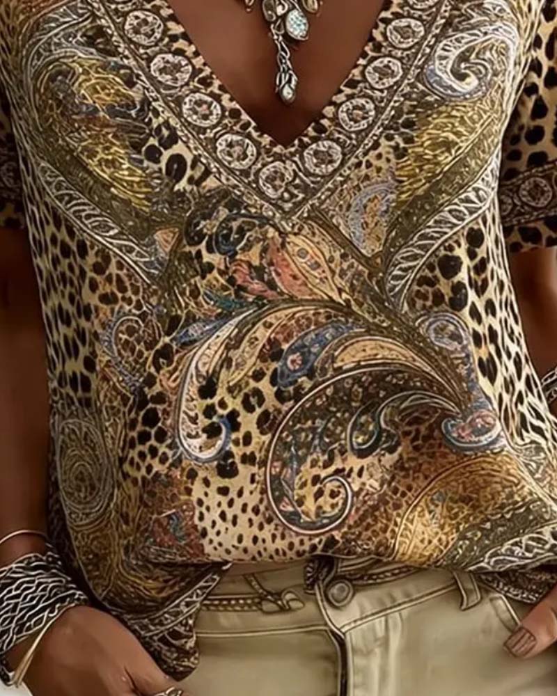 V-Neck Leopard Print Short Sleeve Relaxed Blouse