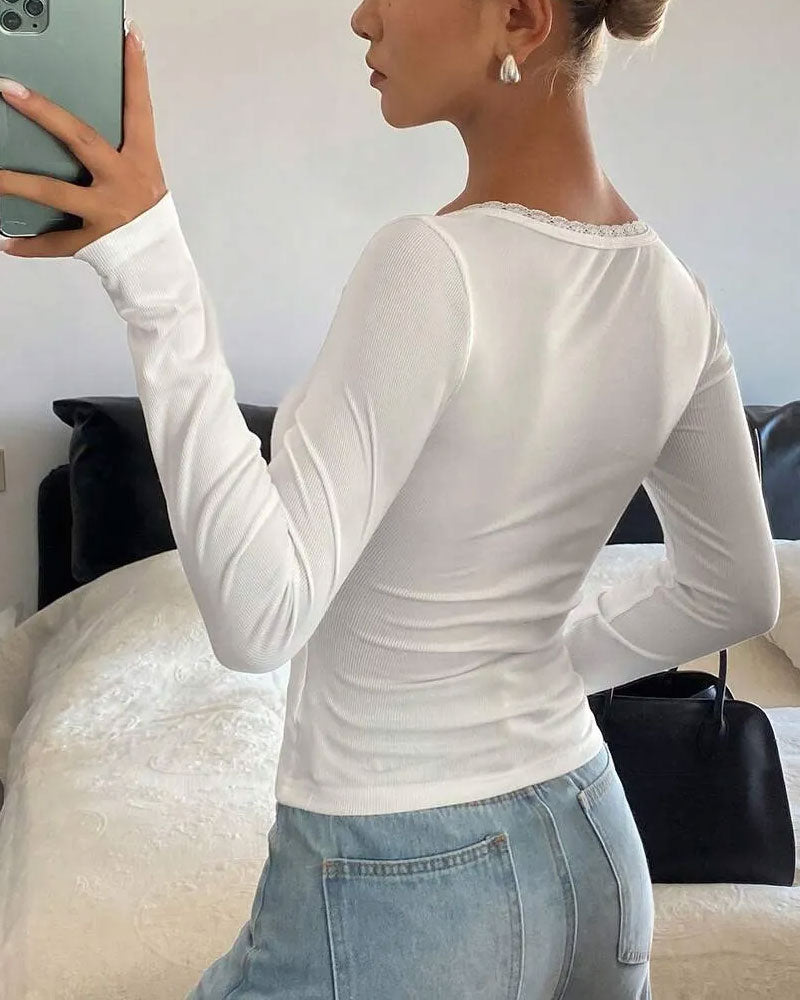 Crew Neck Button Solid Top