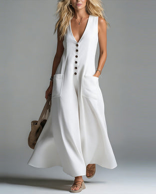 Sleeveless V-Neck Pocket Long Dress