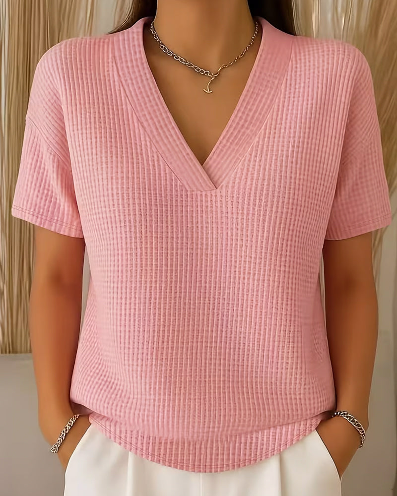 V Neck Solid Color Versatile Short Sleeve T Shirt