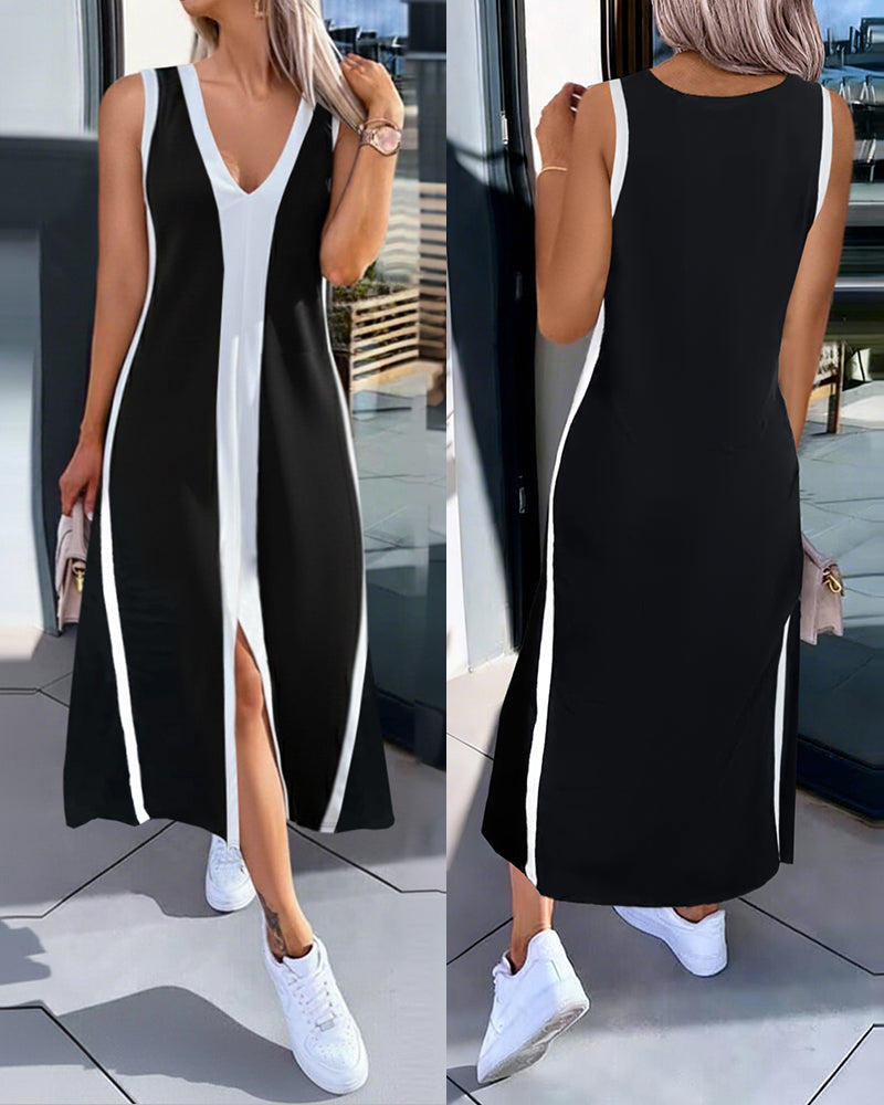Color-Blocked Sleeveless Slit Maxi Dress
