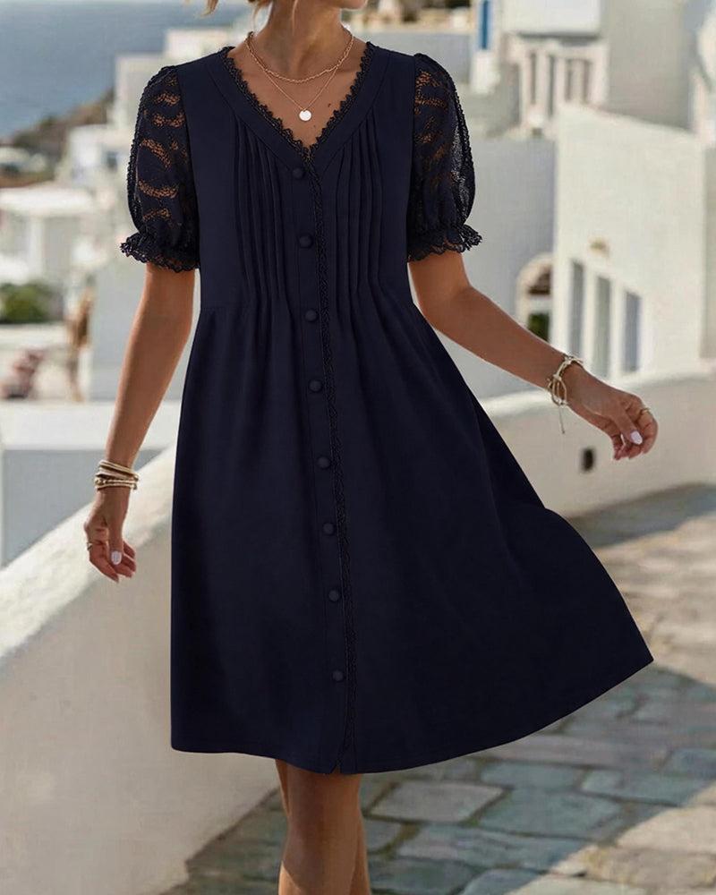 V-Neck Button Shirred Lace Patchwork Dress