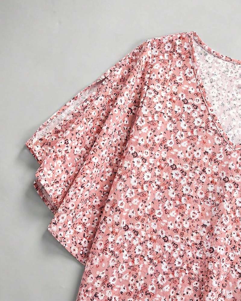 V-Neck Floral Off-Shoulder Flutter Sleeve Blouse