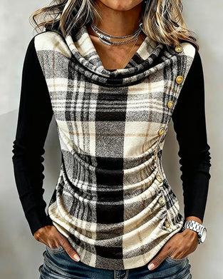 Turtleneck pleated plaid patchwork top