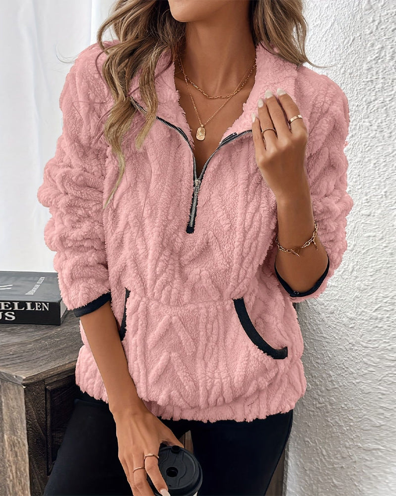 Lapel Zipper Front Fuzzy Sweatshirt