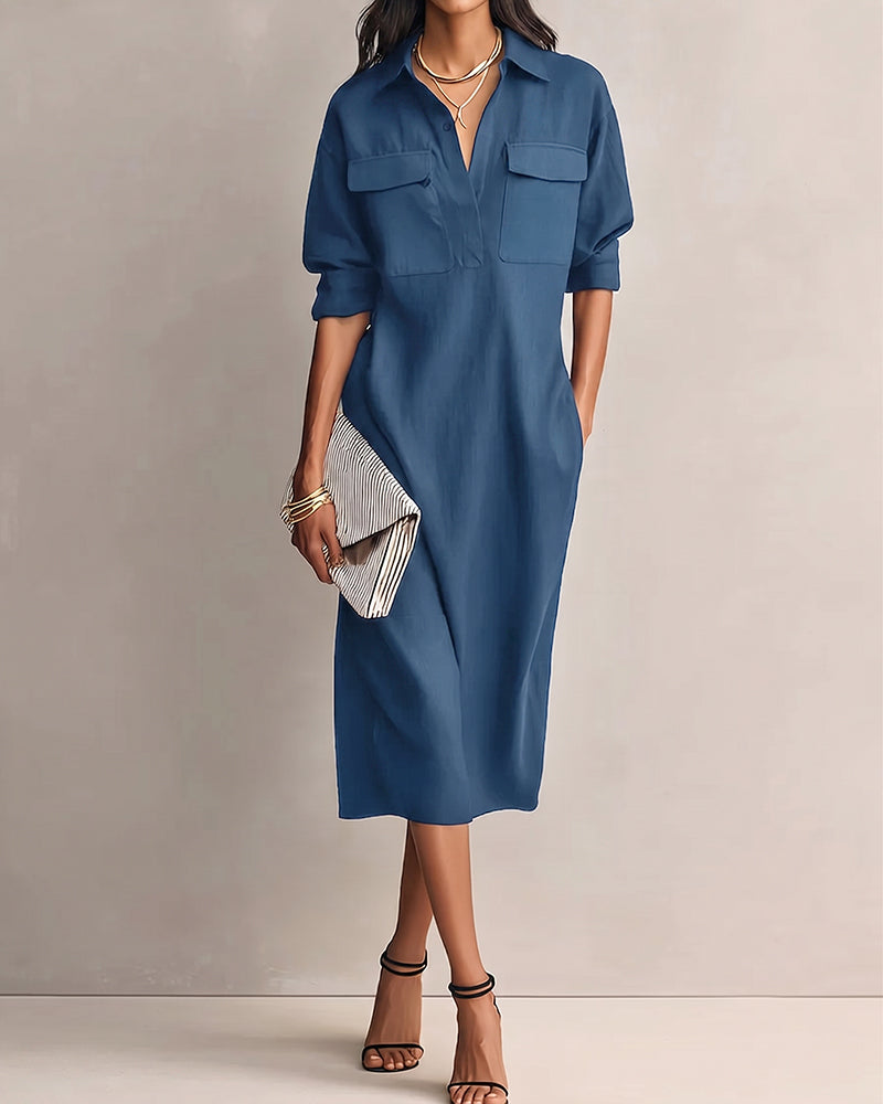 Solid Color Lapel Collar Casual Dress