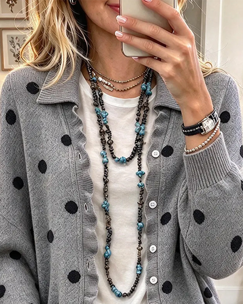 Lapel Ruffled Polka Dot Cardigan