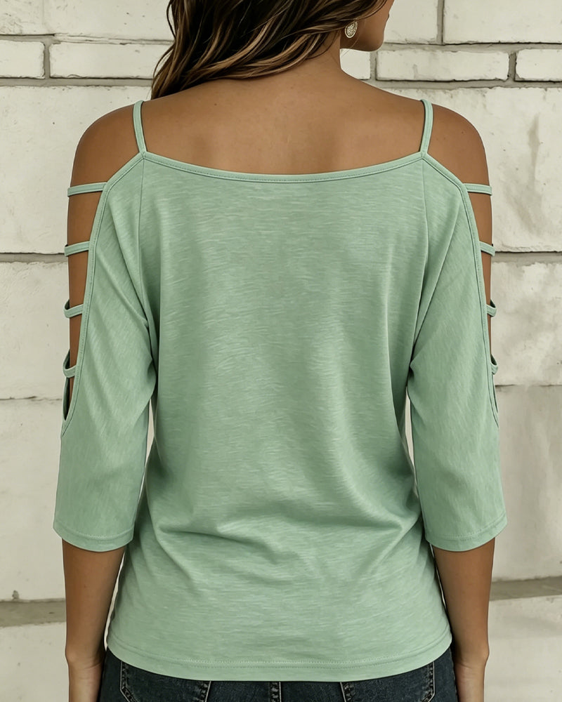 Solid Color Elbow-Length Sleeve Off-Shoulder T-Shirt
