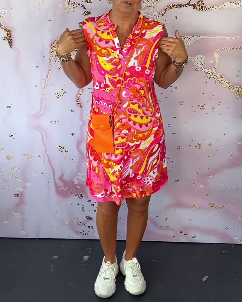 Printed sleeveless V-neck elegant dress