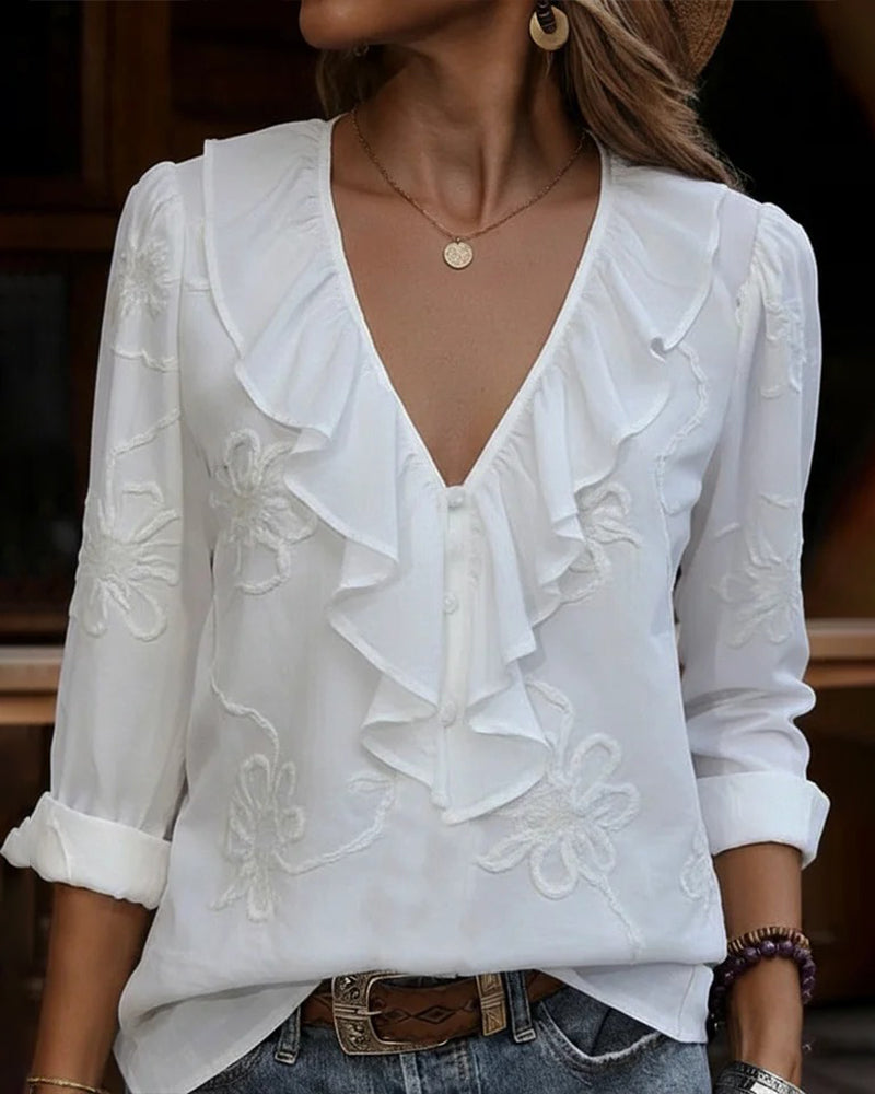Ruffle Collar Embroidered Flower Blouse