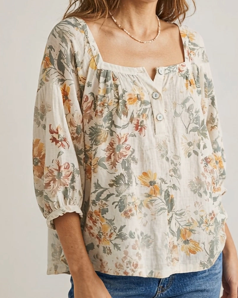 Square Neck Floral Lantern Sleeve Blouse