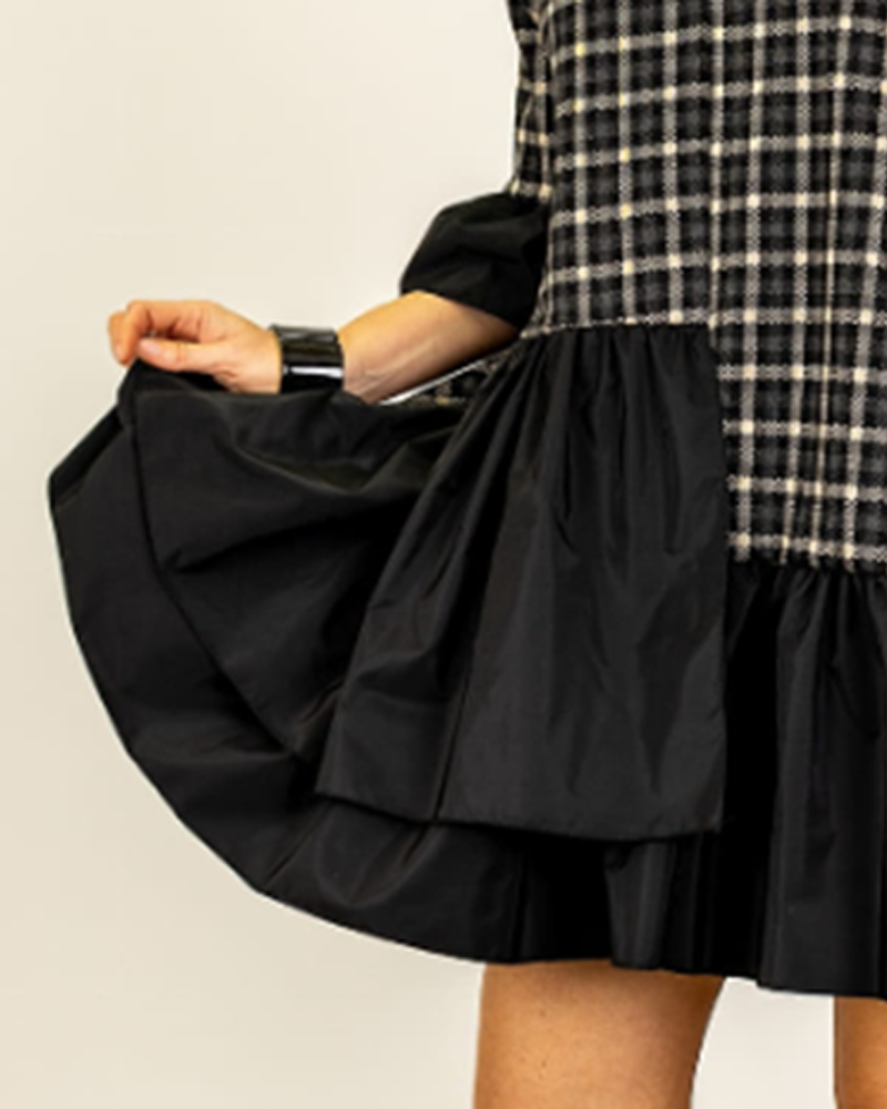 Short-Sleeved Plaid V-Neck Patchwork Dress