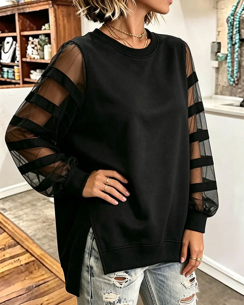 Round Neck Slit Solid Color Tulle Sweatshirt