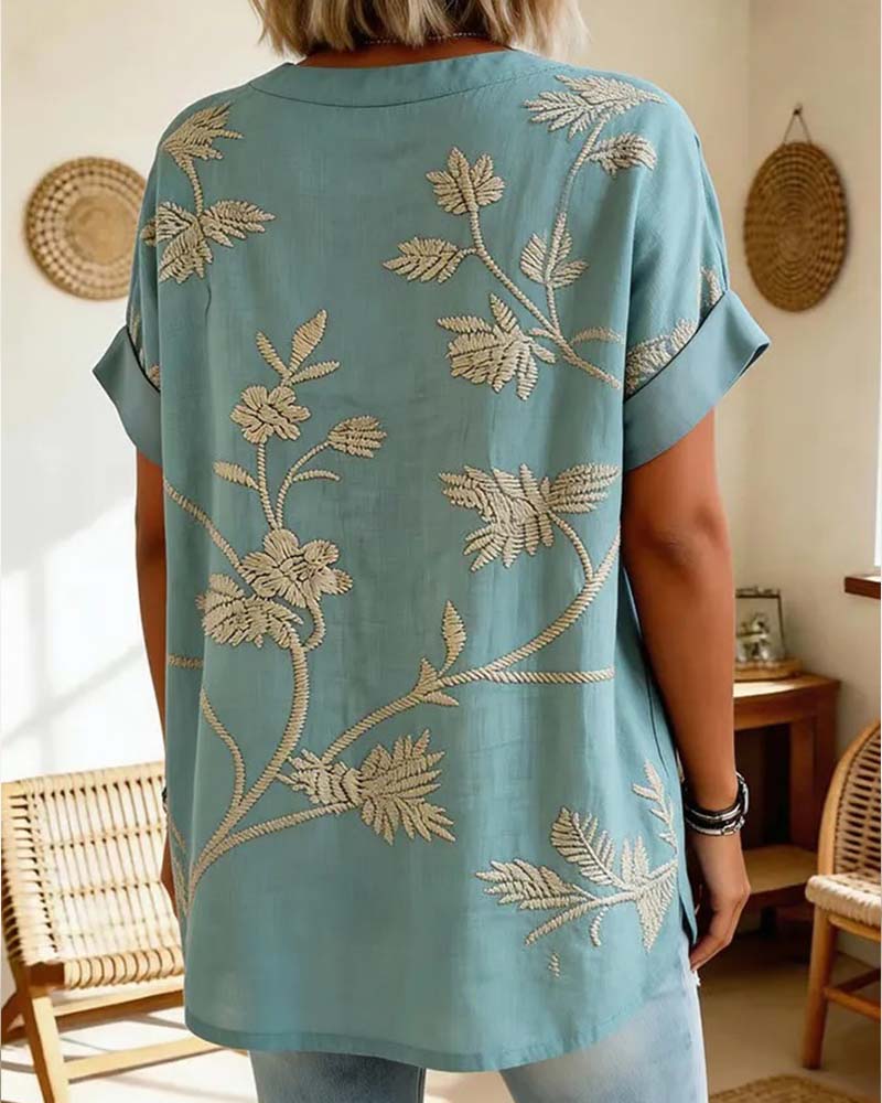 V-Neck Printed Short-Sleeved Blouse