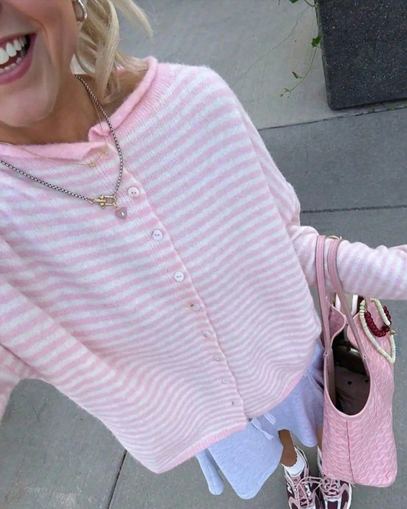 Crew Neck Button Front Striped Pullover
