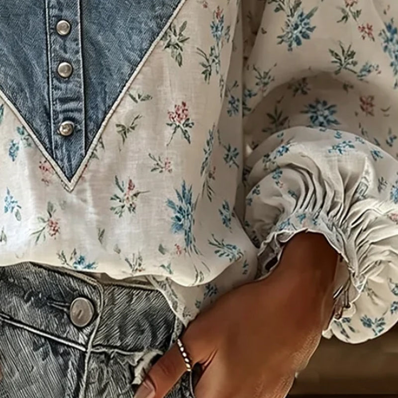 V-Neck Floral Print Puff Sleeve Denim Panel Blouse